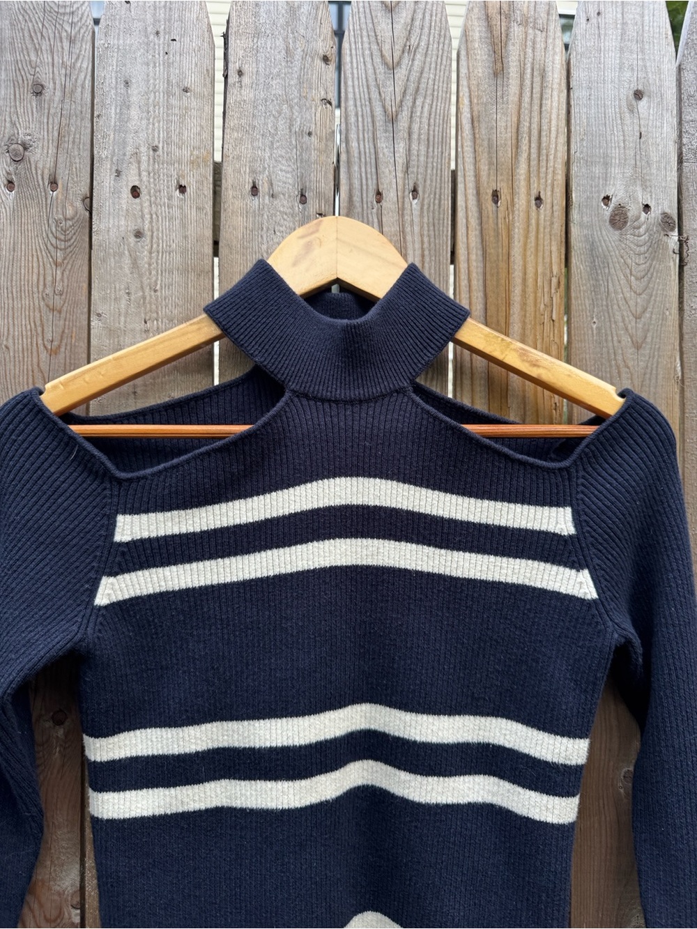 Self-Portrait Navy and Cream Striped Off-Shoulder Rib Knit Sweater - Picture 4 of 8
